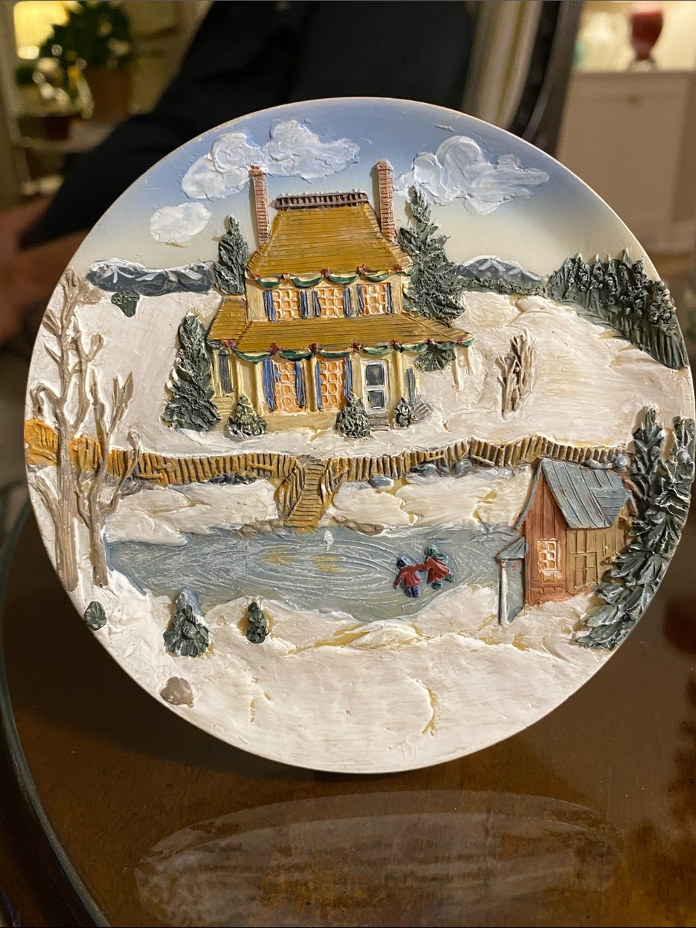 K’s Collection • 4-1/2” Relief Painting “Winter Home Scene” with Stand • Vintage